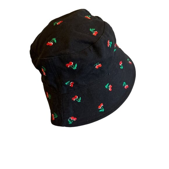 Black Bucket Hat With Embroidered Red Cherry Pattern For Women & Teens - Picture 2 of 4